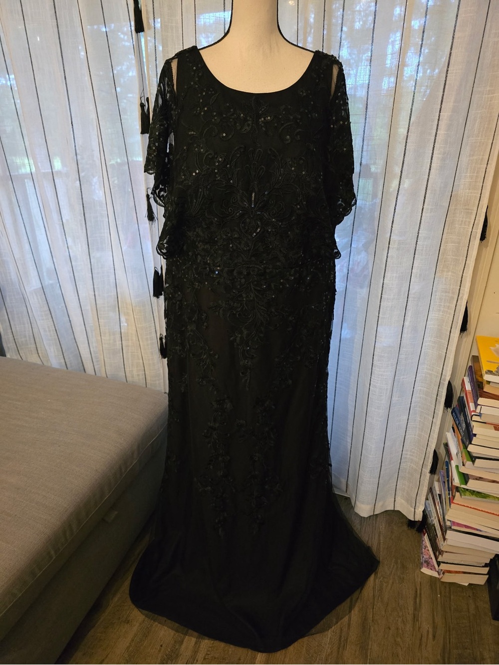 JJs House Black Beaded Embroidered Maxi Dress with Sheer Short Sleeves